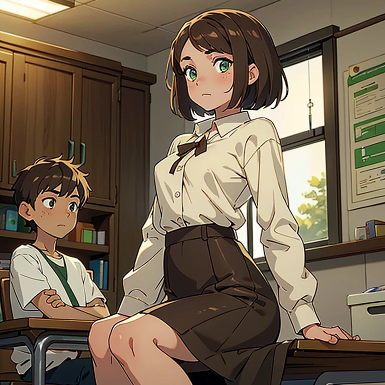 1 girl, medium hair, brown, light brown eyes, thin, wearing a , sitting in her classroom decorating her table, next to her, 1 boy, tall, short hair, brown, with a low fade, Green eyes, wearing a , sitting with a sad expression on his face 