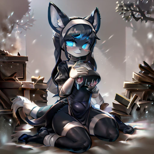 ((Better quality , Work of art )),((Anthro female)) , wearing nun Clothing dress   , Black  and white  body ,  wearing Bandage , big animal ears, haircut ,Dark blue , ((BLUE pupils)) ,Box series  ,Full body , ((cute face))