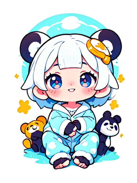  baby panda in pajamas, ojos grandes y brillantes, Esponjoso, sonrisa, Delicado y fino, , paleta de colores brillantes, Luz natural, Fondo simple con color puro