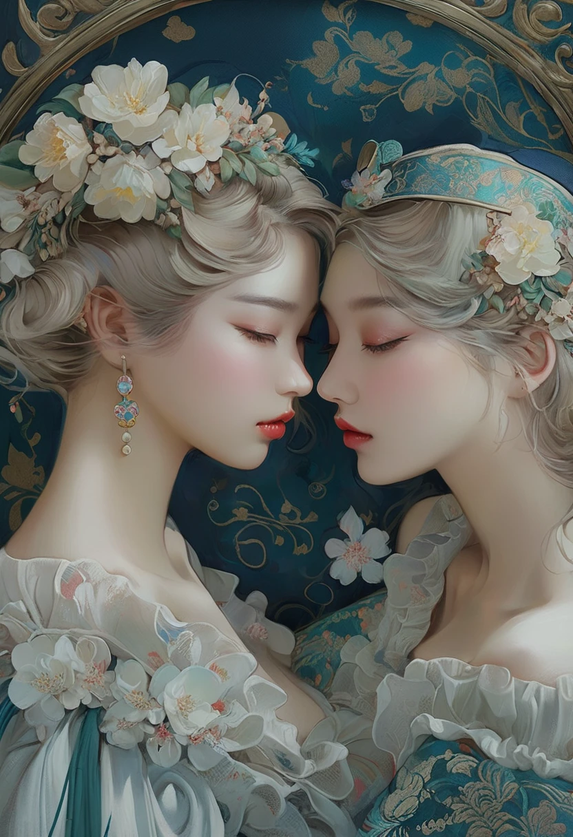 a close up of a woman with a flower crown on her head, asian features, jinyoung shin, inspired by Yanjun Cheng, traditional art, korean artist, gorgeous chinese model, yanjun chengt, fanart, by Ni Tian, beautiful south korean woman, official artwork, by Wu Bin, wenfei ye, popular south korean makeup, a young asian woman absolutely abstract Retro vintage art print, sexy, glamorous pin-up girl wearing a sailors hat, bikini, A painting of a woman wife ((golden ratio}} laying on the sofa after a long night on the town, a painting, a Beautiful expressive painting, malcolm liepke painting, glossy painting, beautiful digital painting, digital art painting, Fine paintings, monochromatic. malcolm liepke oil painting, impressionist painting.Spread your legs apart, beautiful and delicate face, fair skin