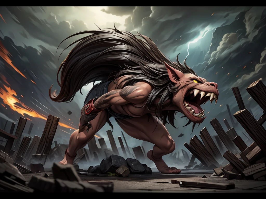 A yokai battle scene,(best quality,4k,8k,highres,masterpiece:1.2),ultra-detailed,(realistic,photorealistic,photo-realistic:1.37),dark and menacing,hauntingly beautiful,with vibrant colors,powerful and dynamic,horrifying entities,twisted and distorted forms,ethereal beings,sharp focus and fine details,glowing eyes,claws,and fangs,explosive energy and magic,mystical atmosphere,splashes of blood and debris,dark shadows and eerie lighting,gritty and textured,stunning visual effects,intense and fierce,traditional Japanese elements,ominous clouds and lightning,fiery explosions and smoke,grim expressions and intense emotions,foreboding and mysterious,blurring the boundaries between humans and spirits,life and death,strong sense of action and movement,ancient ruins and broken structures,dynamic composition and perspective,thunderous roars and monster growls,an epic clash of power and destiny.
