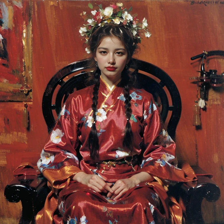 a close up of a woman with a flower crown on her head, asian features, jinyoung shin, inspired by Yanjun Cheng, traditional art, korean artist, gorgeous chinese model, yanjun chengt, fanart, by Ni Tian, beautiful south korean woman, official artwork, by Wu Bin, wenfei ye, popular south korean makeup, a young asian woman absolutely abstract Retro vintage art print, sexy, glamorous pin-up girl wearing a sailors hat, bikini, A painting of a woman wife ((golden ratio}} laying on the sofa after a long night on the town, a painting, a Beautiful expressive painting, malcolm liepke painting, glossy painting, beautiful digital painting, digital art painting, Fine paintings, monochromatic. malcolm liepke oil painting, impressionist painting.Spread your legs apart, beautiful and delicate face, fair skin