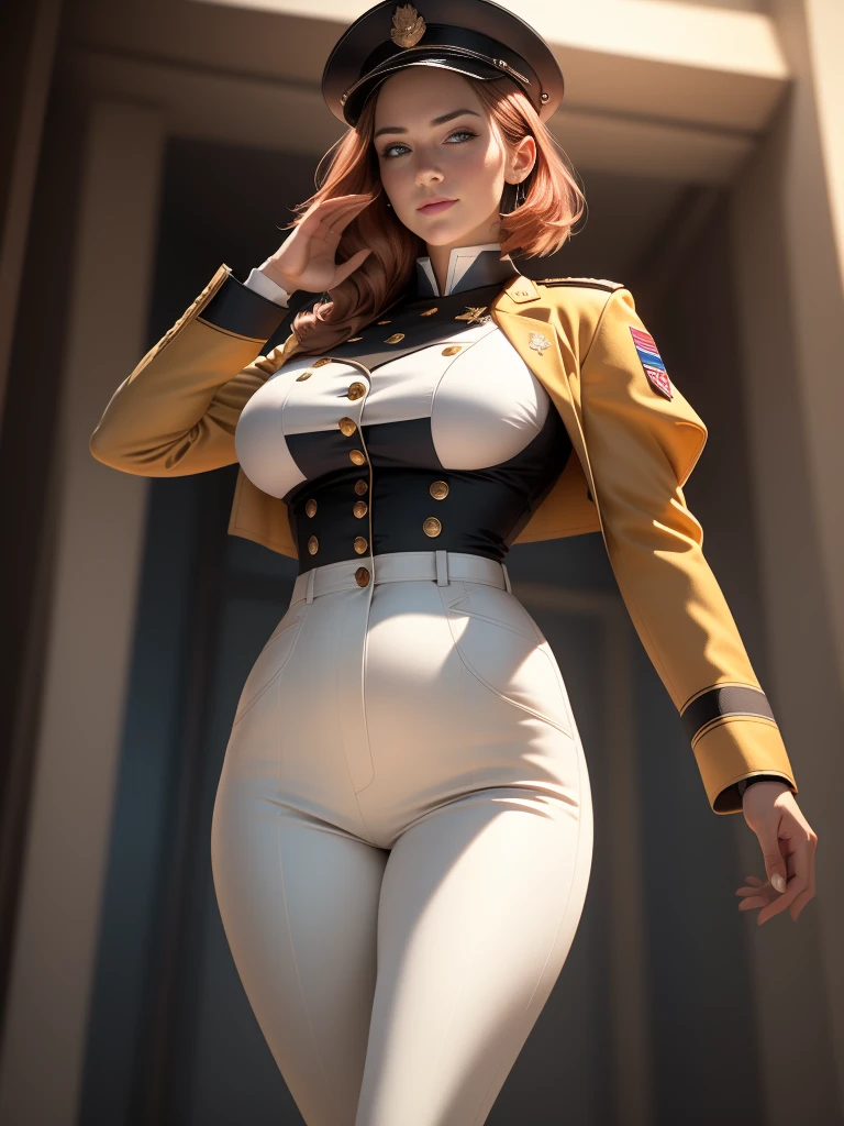 (1girl:1.4), (sfw), (clothed), (masterpiece), illustration,(realistic:1.5), (specular lighting:1.4), (hyperrealistic:1.2), (photorealistic face:1.2), (perfect face), (best quality), (8k), (4k), photorealistic, sharp focus, octane render, best quality, extremely detailed, intricate, hyper detailed, fantasy, soft lighting,(medium breasts:1.4), (skindentation:1.3), Matilda Ajan from Gundam, Matilda Agen, Matilda Ajan, looking straight at viewer, military Saluting, one hand down, tan full uniform, tan color uniform, tight off-white pants, perfect body, standing straight up, military attention, military salute, officer uniform, tan military jacket, buttoned up jacket, perfect hands, military officer hat, tan color hat, warm smile, kind smile, destroyed city in the background, short auburn hair, hair slicked back, cropped hair, thigh gap, (chubby:1.2), (huge breasts:1.2),