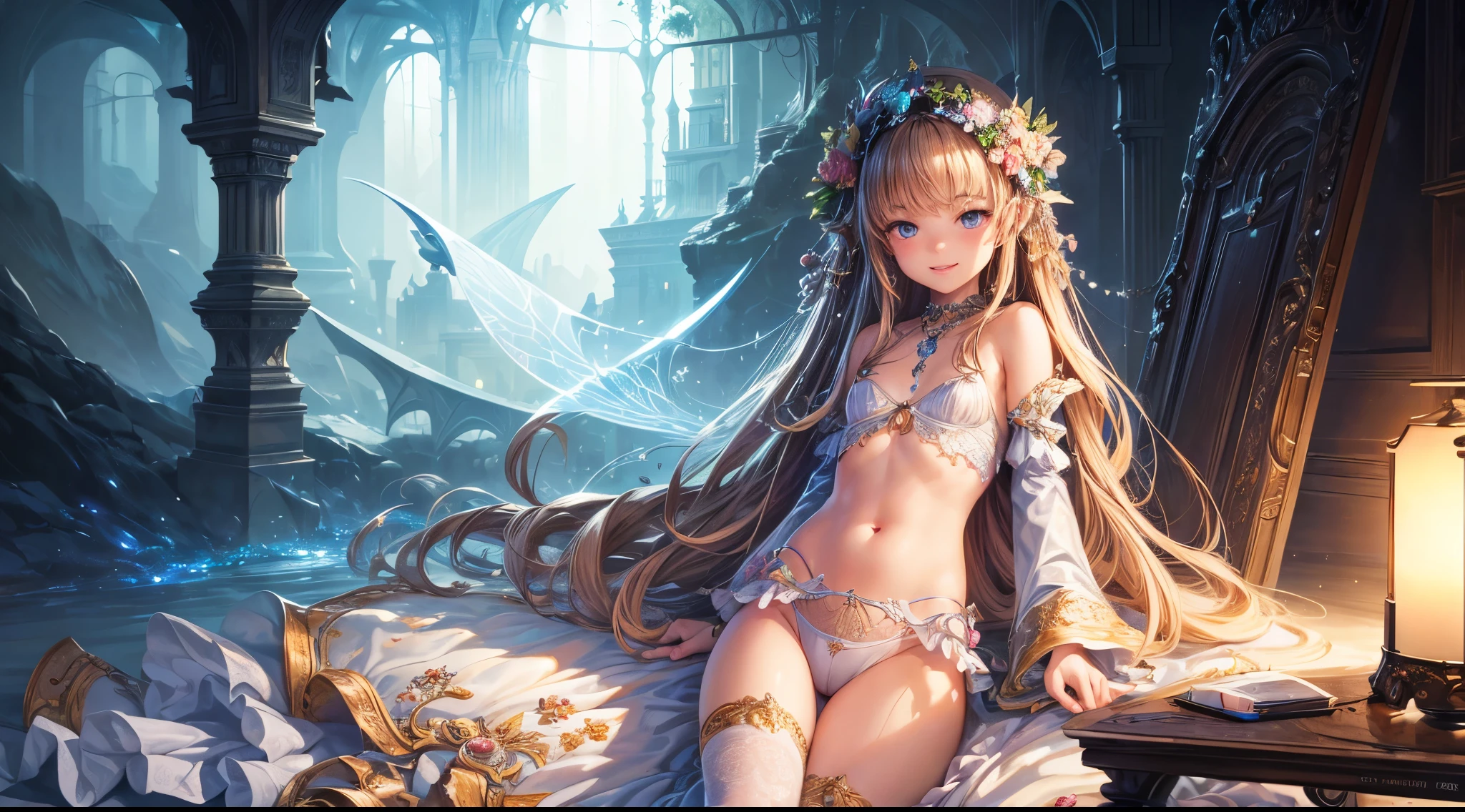 ( Absurd, High quality, ultra-detailed, masterpiece, concept art, smooth, highly detailed artwork, hyper-realistic painting ) , tiny , young girl, cute, whole body, Romantic, Vivid, dreamy, fantasy, fairy, enchanting glow, very detailed art, reveal clothes, sexy lace underwear, smile, teasing and youthful, flat-chested