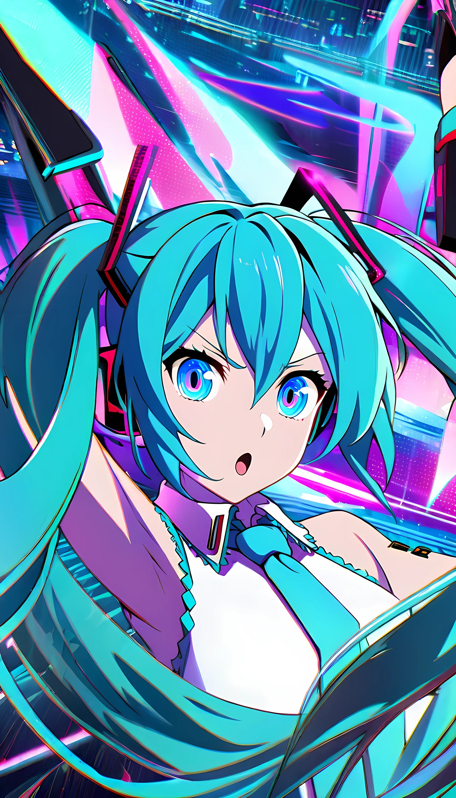 (best quality,8k wallpaper,detailed eyes,detailed illustration),hatsune miku, blue hair, blue eyes, blue tie, vibrant colors, anime style, glowing lights, musical background, dynamic pose