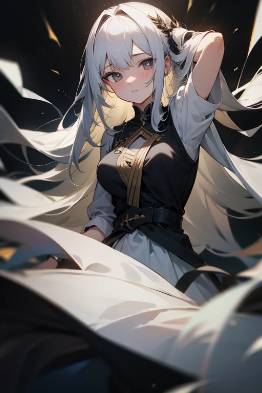 masterpiece, best quality,portrait of 1girl, black background with a gray gradient from below, long white hair, clothes are a black narrow dress with gold elements, white light is falling from above, she holds her hands behind her head