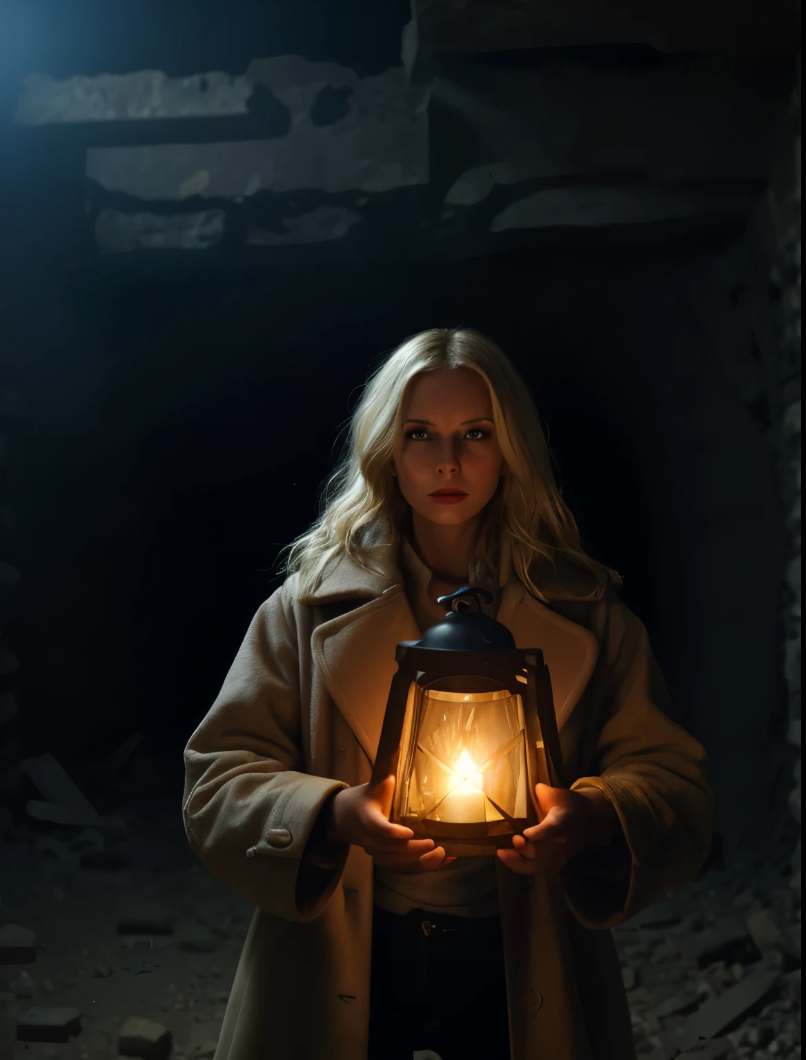 [BLONDE WOMEN] [beige coat, jeans] [STUCK INSIDE THE DARK UNDERGROUND RUINS OF A COLLAPSED TUNNEL] [HOLDING A LANTERN] [Pose and Expression: looking serious, ] [CINEMATIC, MOVIE SCENE, 4K, REALISTIC] [FRONTVIEW]