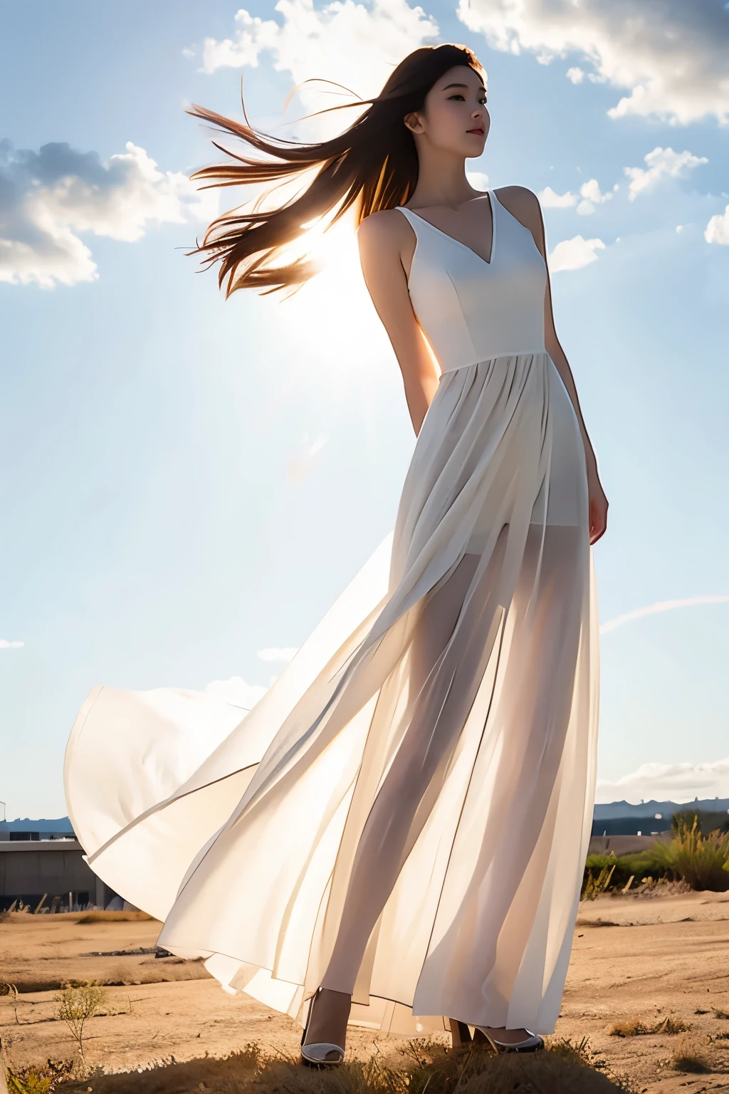 (masterpiece, best quality:1.2), 1girl, solo, delicate face, white-skinned female, see-through silhouette, white dress, full body, outdoor, in high sky, floating with wind, cloud