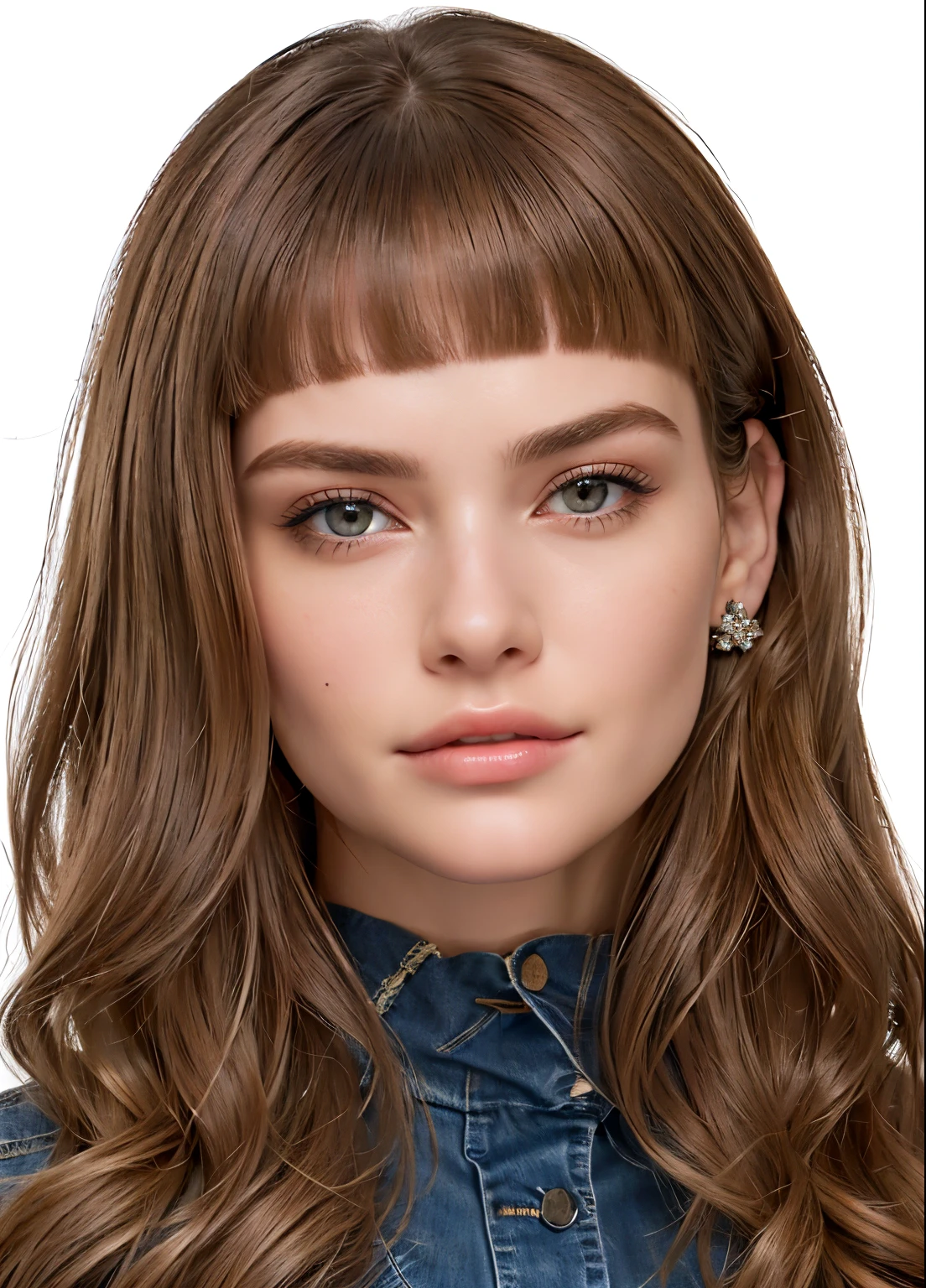 um close up de uma mulher com cabelos longos vestindo uma camisa jeans, hyperrealista teen, detailed realista face, realista rosto detalhado, highly detailed realista face, real rosto detalhado, detailed and realista face, realista and rosto detalhado, ultra realista face, extremely realista face, realista | rosto detalhado, very realista face, with very highly rosto detalhado, face very realista