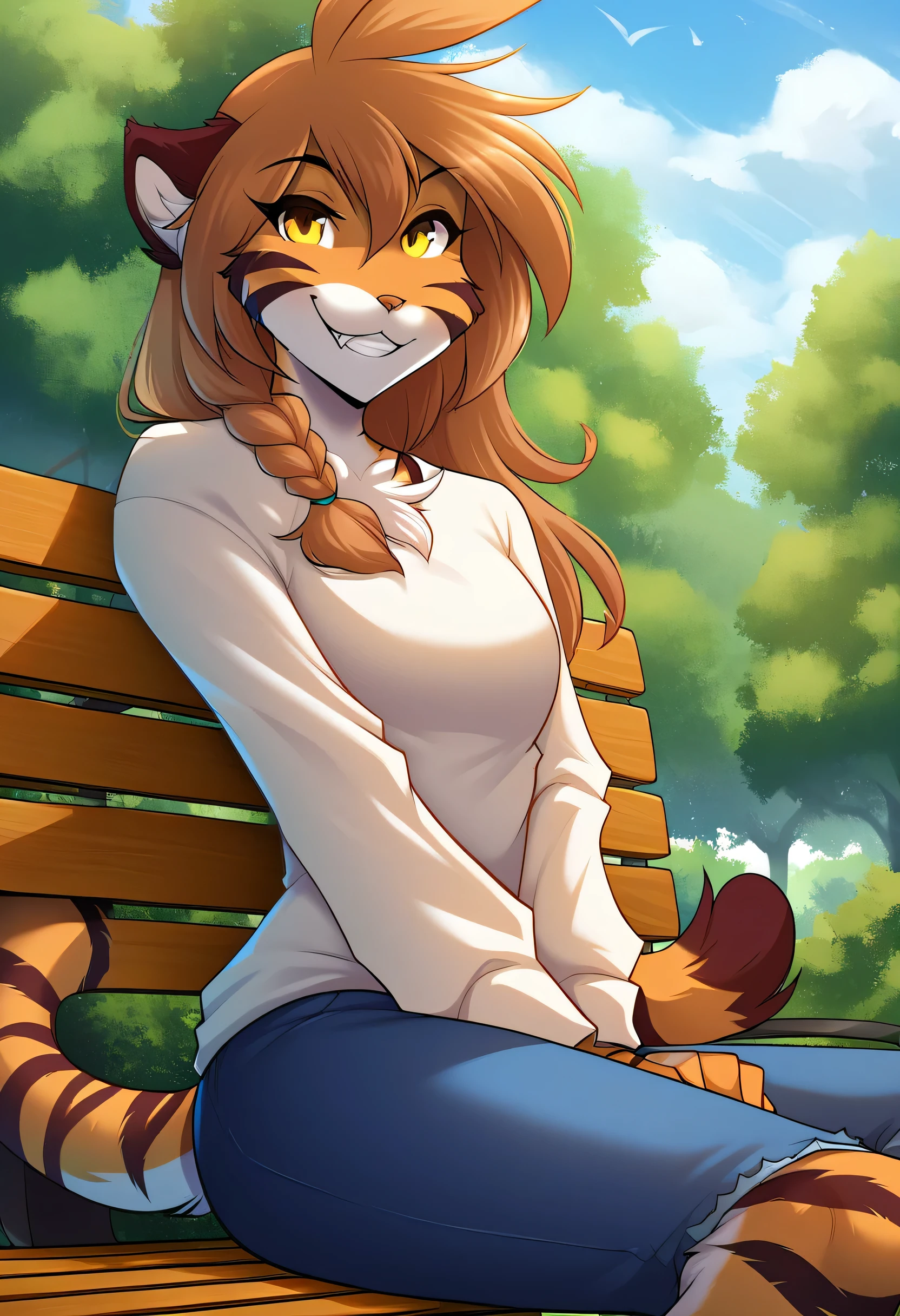 score_9, score_8_up, score_7_up, score_6_up, score_5_up, score_4_up, rating_safe, source_furry, a female anthro fluffy, 1girl, solo, female, furry, anthro, fluffy tail, medium breasts, teeth, tkflora, tiger, striped fur, yellow eyes, anthro, looking at viewer, (clothing:1.1), (in park, sitting on bench, day, spring, detailed background:1.1),