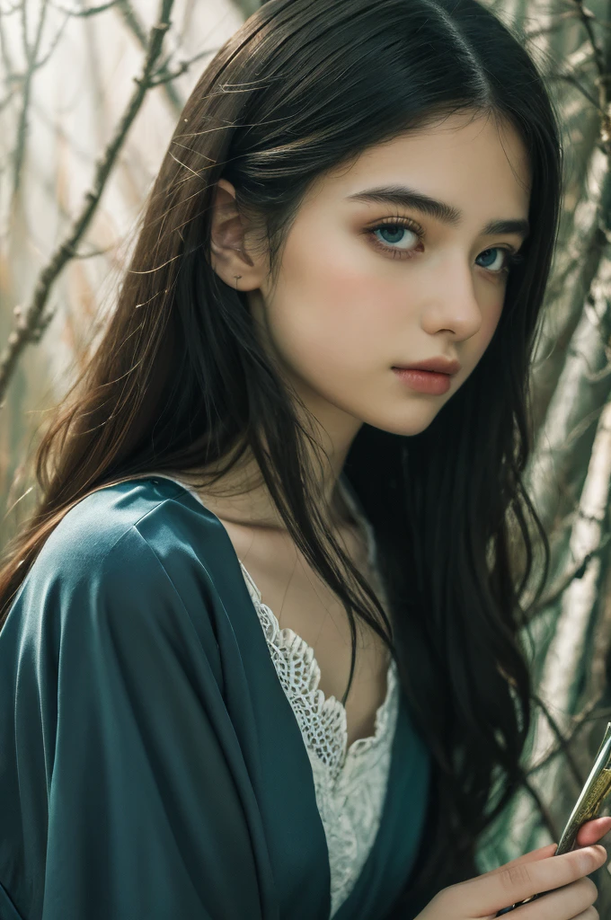 ( masterpiece, top quality, best quality,8k,17 years old girl,ultra detailed,raw photo:1.5),(photorealistic:1.4), (cinematic lighting), PerfectNwsjMajic, , Surrealism, UHD, ccurate, Super detail, textured skin, High detail, Best quality, dynamic angle, White skin,[Beautiful blue eyes], high nose,[flat chest:large breasts:0.5],(1girl),(good anatomy:0.5)), Dreamy atmosphere, Dark,expressive brush strokes, mystical ambiance, Artistic interpretation, Stunning Studio Ghibli style costumes, a whimsical illustration, Subtle colors and tones, mystical aura,straight face 