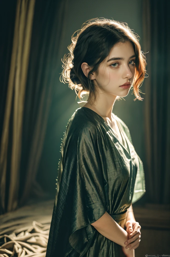 ( masterpiece, top quality, best quality,8k, girl,ultra detailed,raw photo:1.5),(photorealistic:1.4), (cinematic lighting), PerfectNwsjMajic, , Surrealism, UHD, ccurate, Super detail, textured skin, High detail, Best quality, dynamic angle, White skin,[Beautiful blue eyes], high nose,[flat chest:large breasts:0.5],(1girl),(good anatomy:0.5)), Dreamy atmosphere, Dark,expressive brush strokes, mystical ambiance, Artistic interpretation, Stunning Studio Ghibli style costumes, a whimsical illustration, Subtle colors and tones, mystical aura,straight face