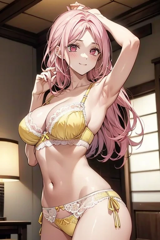 The most beautiful in the world,Pink Hair,Pink Eyes,(A shy smile),Best Style,,((Bright yellow)lace bra),((Bright yellow)lace ),Model pose,,Japanese-style room