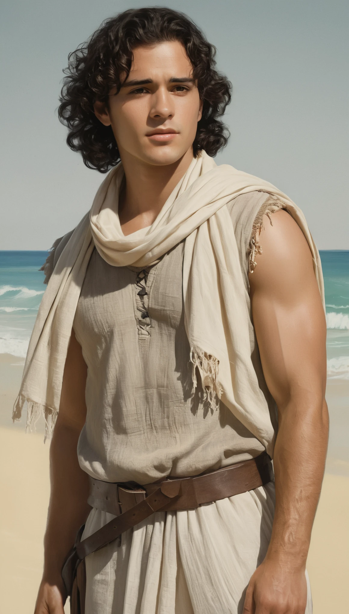 An illustrated movie poster, hand-drawn, full color, a male ranger, 28 years-old, resembles Gavin Leatherwood, wearing a linen tunic and a shemagh scarf, sun-tanned skin, stocky physique, deep brown eyes, wide bulbous nose, black hair, curly hair, thick bushy eyebrows, extremely hairy chest, stomach, and arms, lots of body hair, posing on a tropical beach, hard shadows, graphite shading, stencil markings, airbrushed acrylic paint, masterpiece, in the style of Lord of the Rings 