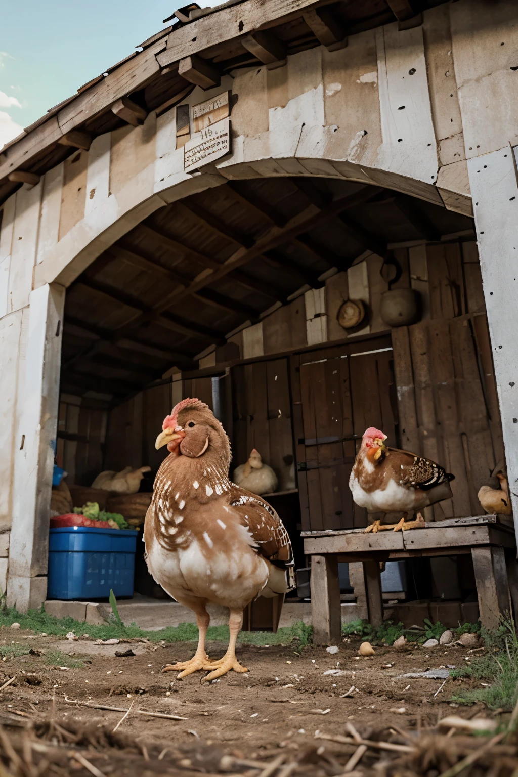 una cantidad de pollos y gallinas en el campo comiendo 