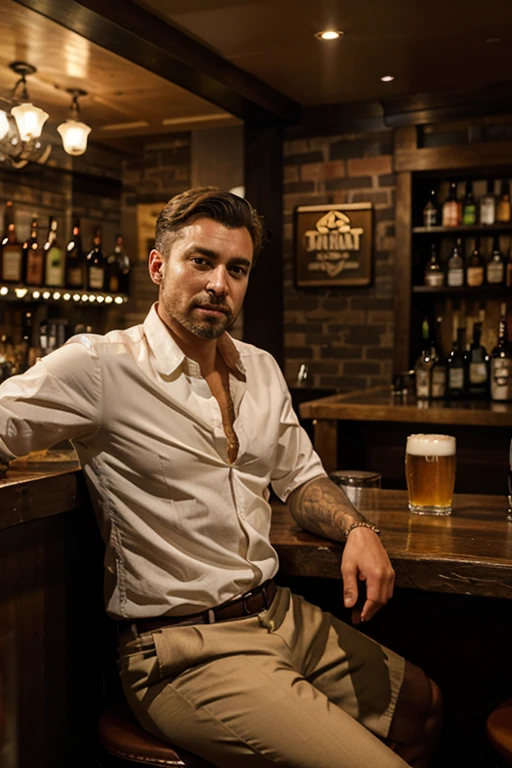 a man sits in a bar at the bar counter with a glass of beer