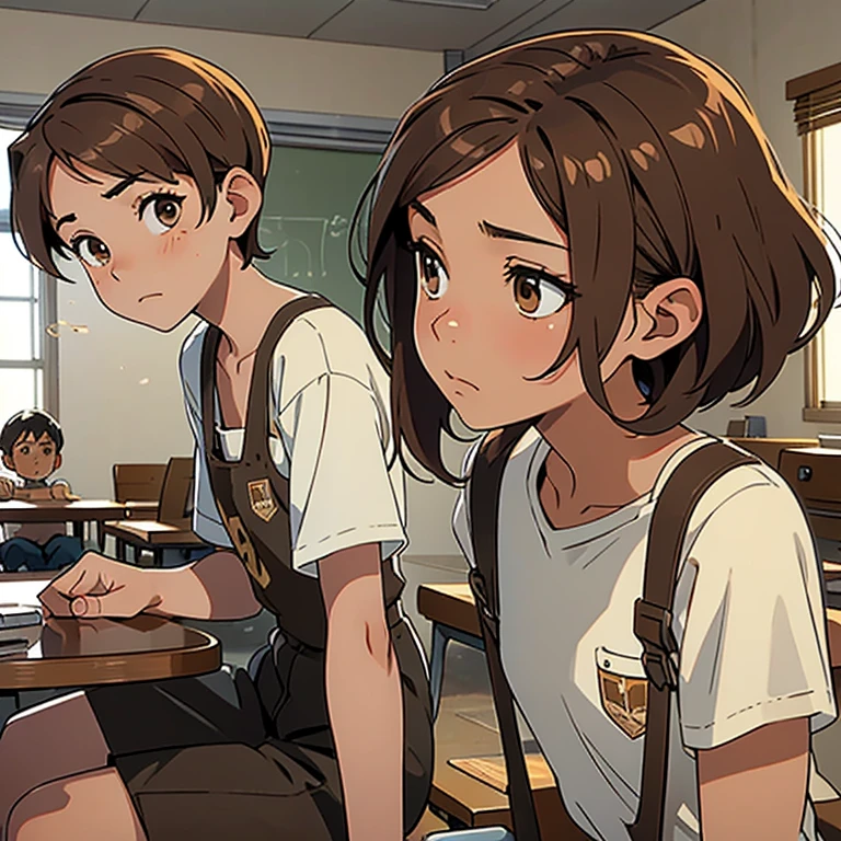 1 girl, medium hair, brown, light brown eyes, thin, wearing a , sitting in her chair, in a classroom decorating her table, Behind her, 1 boy, tall, short hair, brown hair, with a low fade, light brown eyes, wearing a , sitting with a sad expression on his face