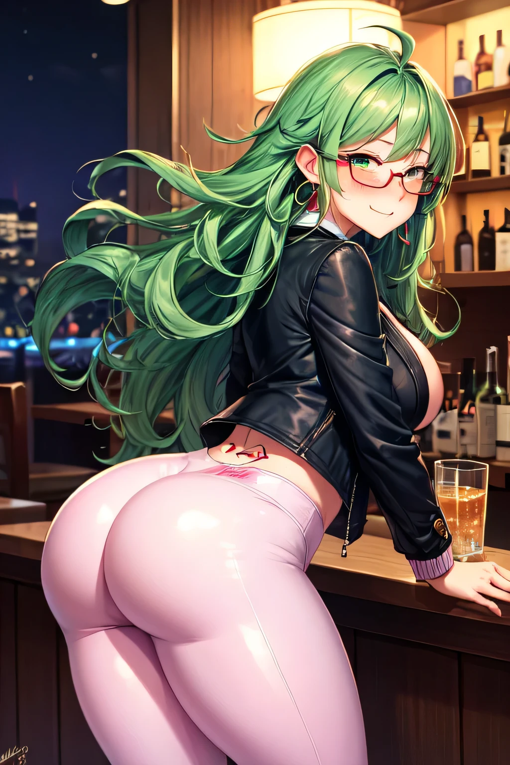 Cute sexy awkward woman with thick long messy curly green hair with glasses with tattoo blushing with bright earrings with thick thighs and big chest in sexy position in leggings an a jacket in a bar at night with dropped jaw with butt out winking acting shy and embarrassed blushing uncontrollably