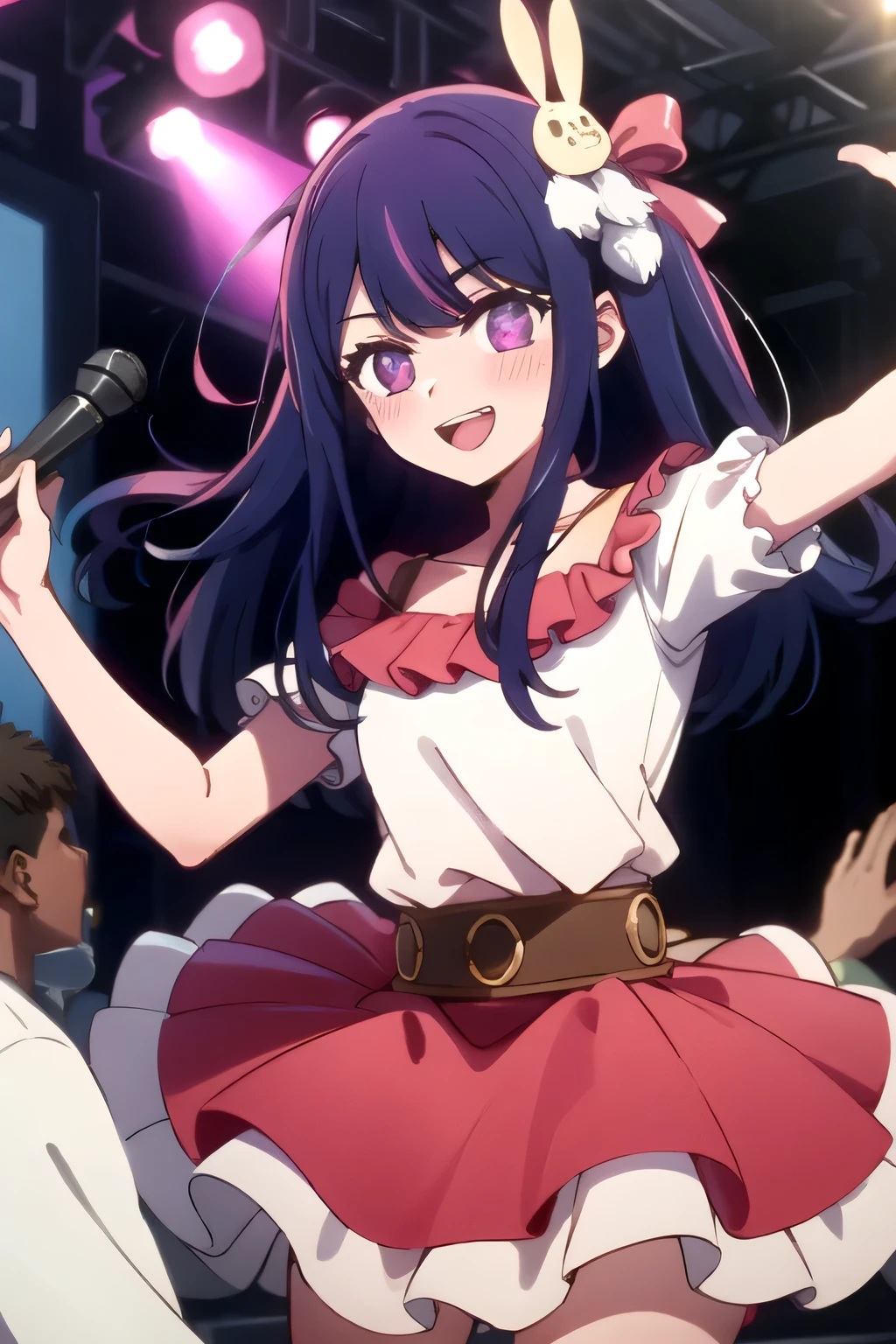 tall body, tall, long legs, mature female, mature, adult, eft_oshi_ai, 1girl, microphone, solo, smile, hair ornament, rabbit hair ornament, long hair, blush, holding, skirt, idol, purple eyes, short sleeves, holding microphone, one side up, belt, virtual youtuber, looking at viewer, +_+, shirt, frills, dress, bangs, bow, black hair, hair bow, teeth, pink skirt, music, purple hair, white shirt, collarbone, pink hair, multicolored hair, symbol-shaped pupils, ribbon, stage