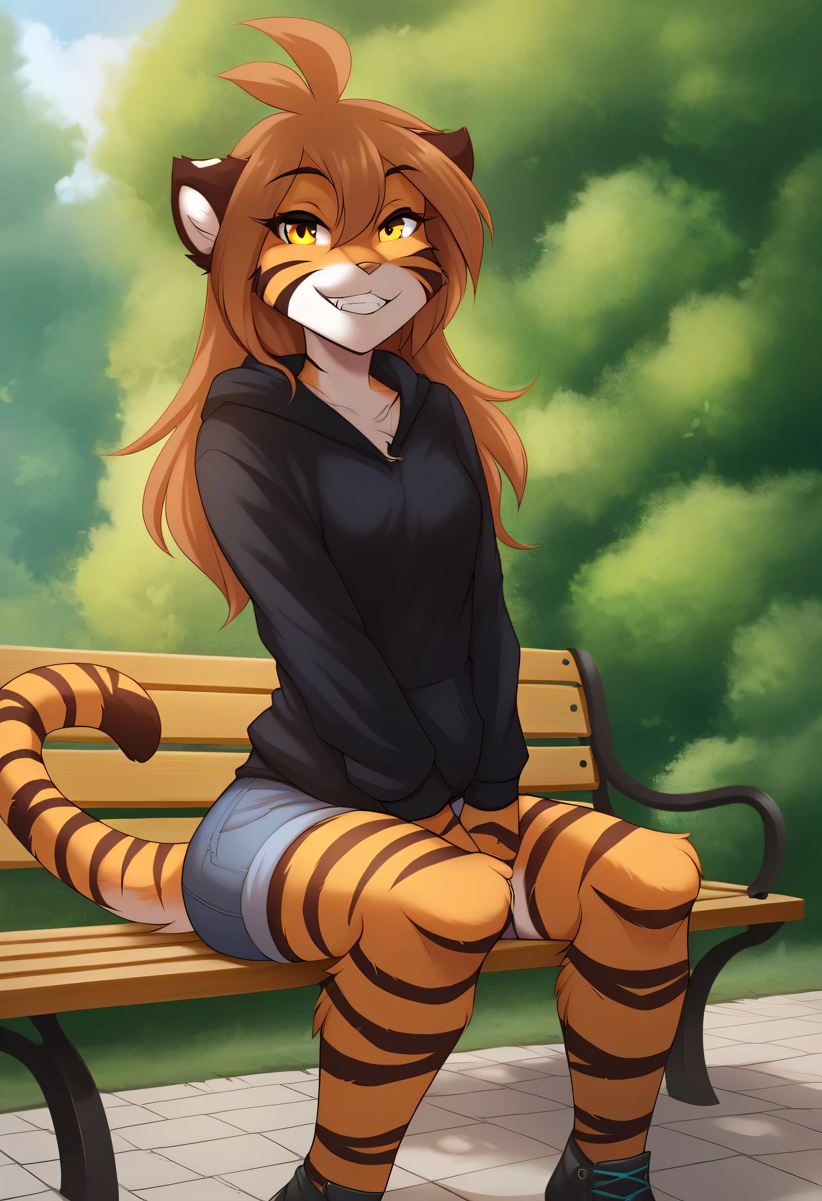 score_9, score_8_up, score_7_up, score_6_up, score_5_up, score_4_up, rating_safe, source_furry, a female anthro fluffy, 1girl, solo, female, furry, anthro, fluffy tail, medium breasts, teeth, tkflora, tiger, striped fur, yellow eyes, anthro, looking at viewer, (clothings:1.2), (in park, sitting on bench, detailed background:1.1), 