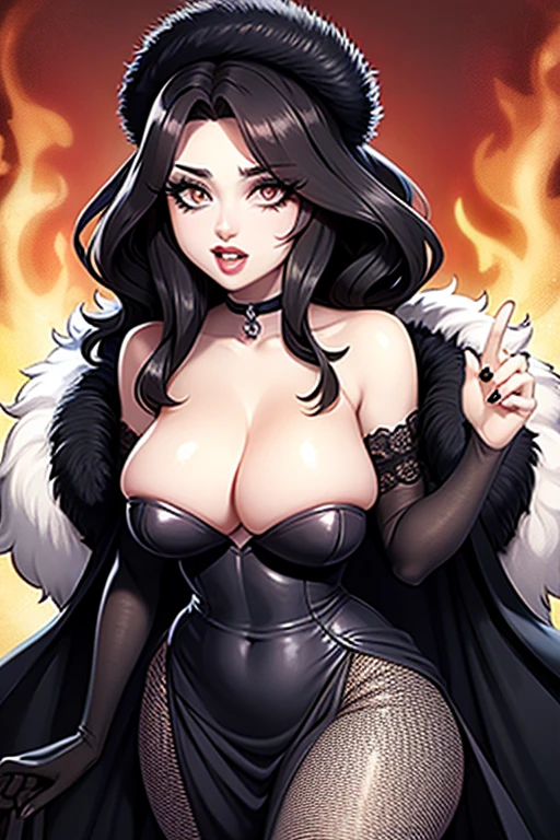 beautiful face, big eyes, red lips, 1 girl, sharp teeth, open mouth, beautiful eyes, white eyes, long wavy hair, black hair, lacy gloves, bursting breasts, fur coat, long black and white dress, bare shoulders, snowy background,