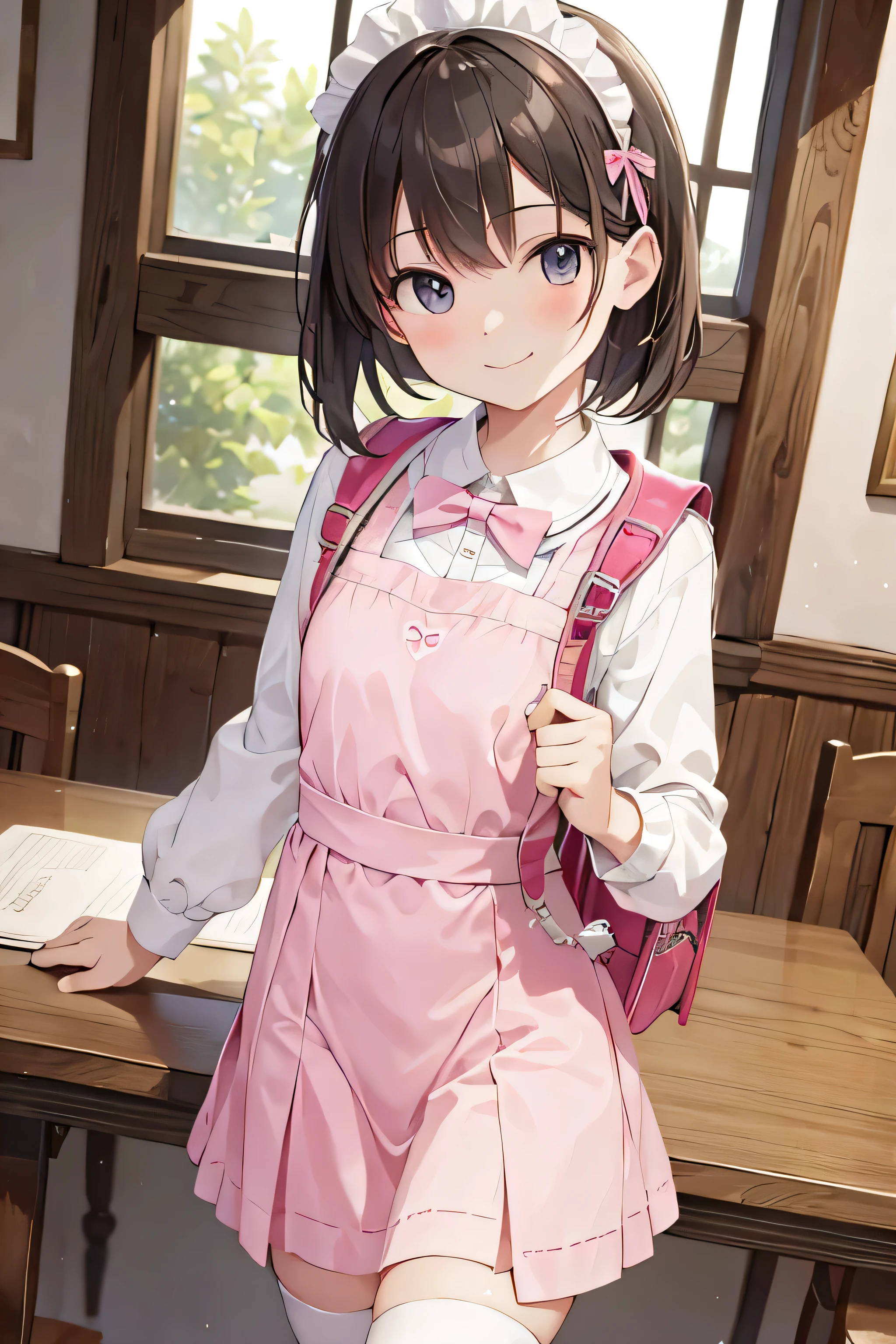(Tabletop), highest quality, High resolution, Very detailed, Detailed Background, Perfect lighting, indoor, One Girl, small, View your viewers, , Maid clothes, Adorable smile, Carrying a pink school bag, (Randoseru Backpack:1.0)