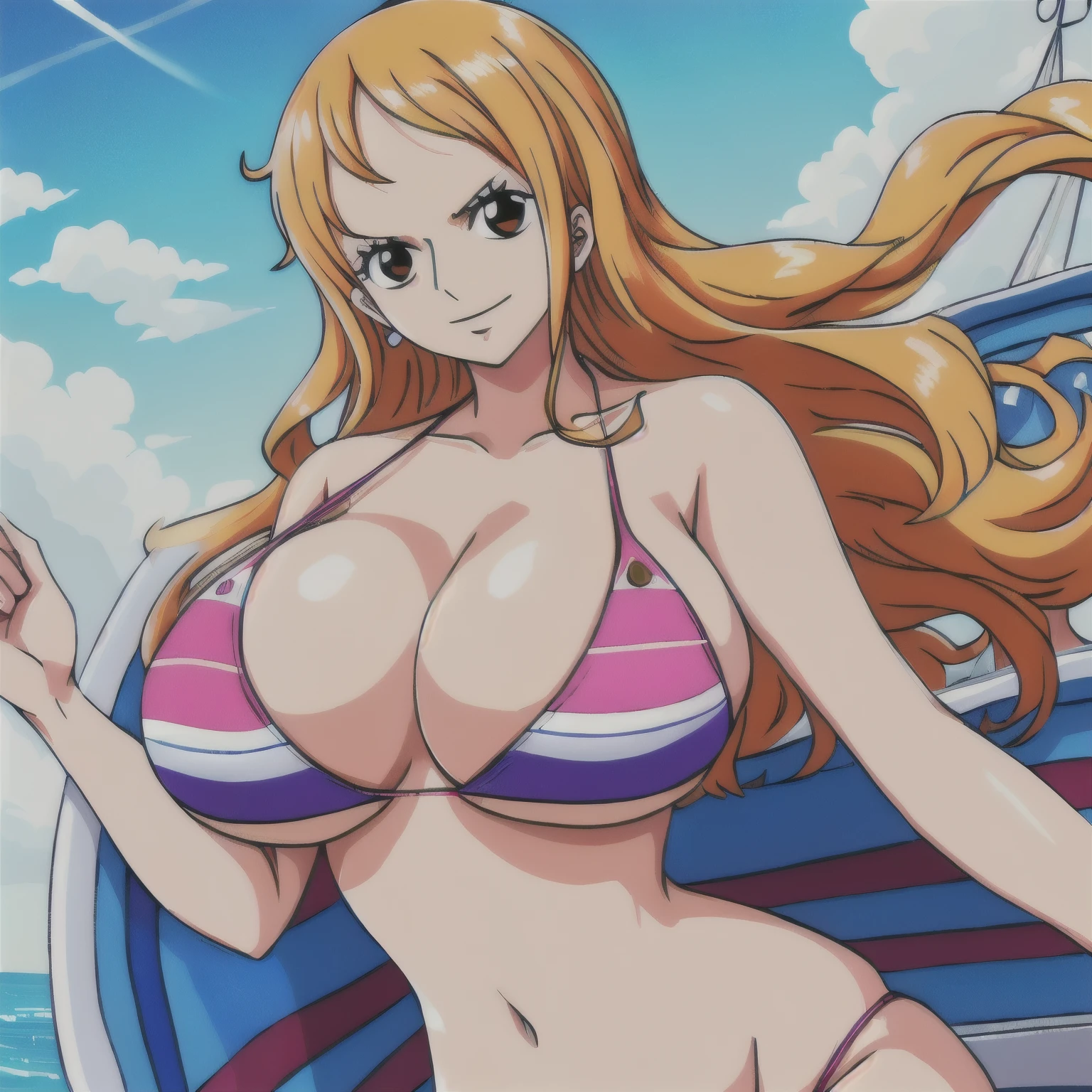 A woman in a bikini posing on a boat with sails, we one piece, we from one piece, beautiful portrait of we, we, from one piece, one piece, tits proportions, tits, Big Breasts!, Big Breasts!!, Large Breast Size, one piece style, High-quality artwork, one piece ship sailing