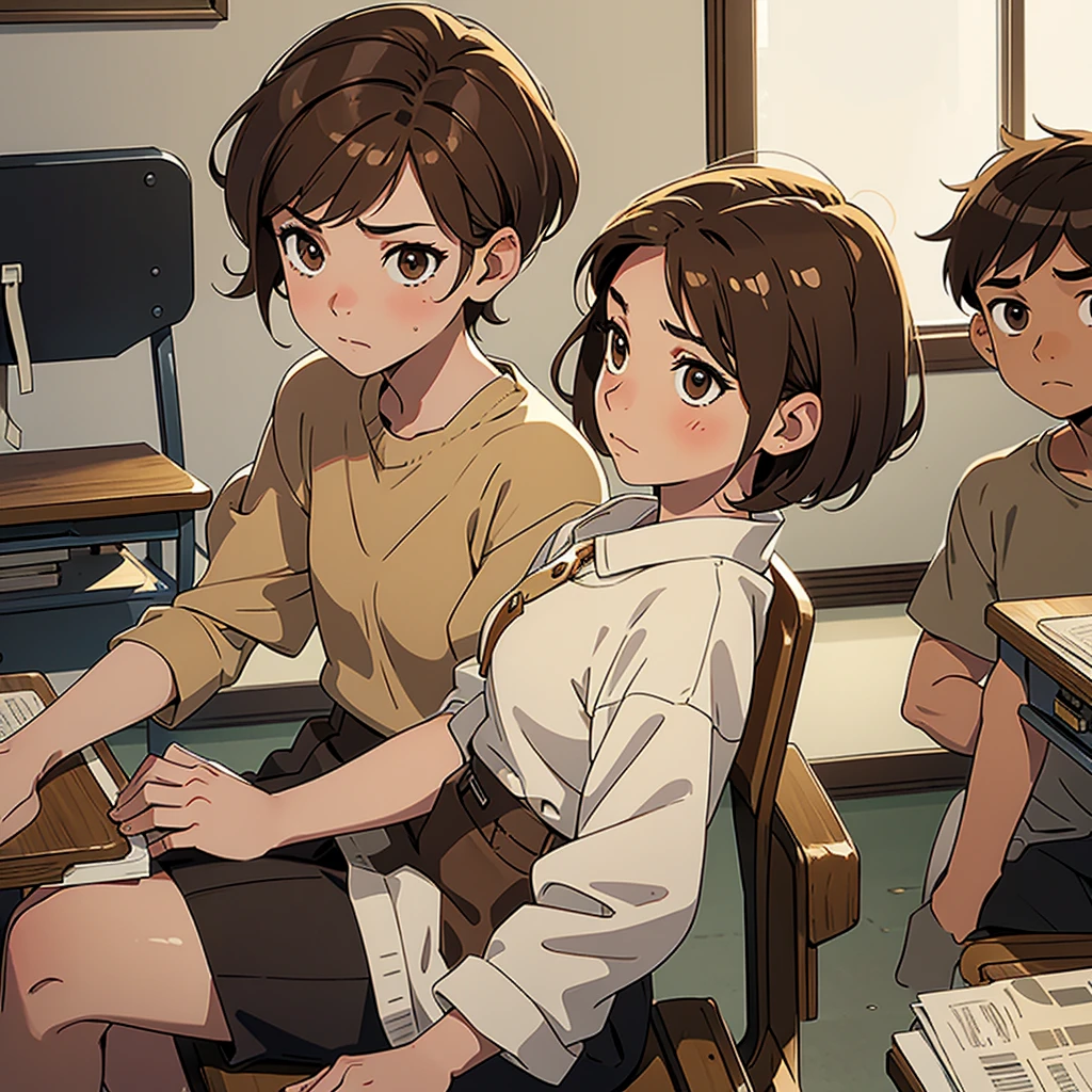 1 girl, medium hair, brown, light brown eyes, thin, wearing a , sitting in her chair, in a classroom decorating her table, Behind her, 1 boy, tall, short hair, brown hair, with a low fade, light brown eyes, wearing a , sitting with a sad expression on his face