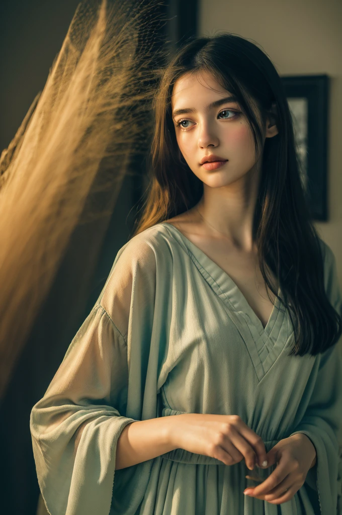 ( masterpiece, top quality, best quality,8k, girl,ultra detailed,raw photo:1.5),(photorealistic:1.4), (cinematic lighting), PerfectNwsjMajic, , Surrealism, UHD, ccurate, Super detail, textured skin, High detail, Best quality, dynamic angle, White skin,[Beautiful blue eyes], high nose,[flat chest:large breasts:0.5],(1girl),(good anatomy:0.5)), Dreamy atmosphere, Dark,expressive brush strokes, mystical ambiance, Artistic interpretation, Stunning Studio Ghibli style costumes, a whimsical illustration, Subtle colors and tones, mystical aura,straight face