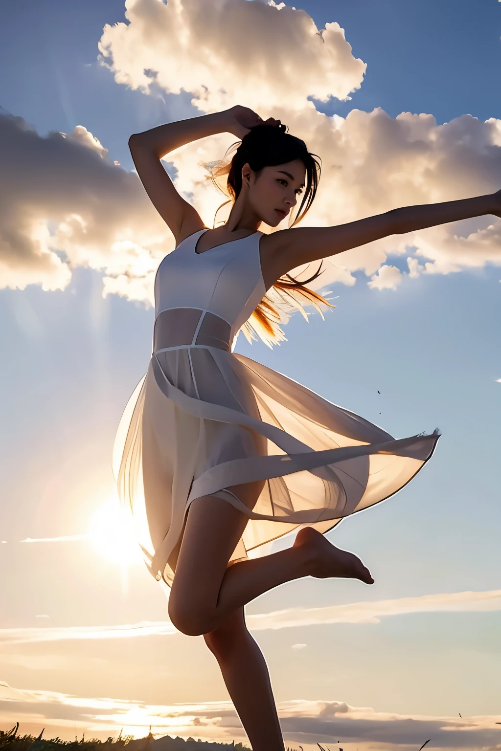 in high sky, floating with wind, cloud,jumping,arm up,stretching, (masterpiece, best quality:1.2), 1girl,, solo, delicate face, white-skinned female, see-through silhouette, white dress, full body, outdoor,