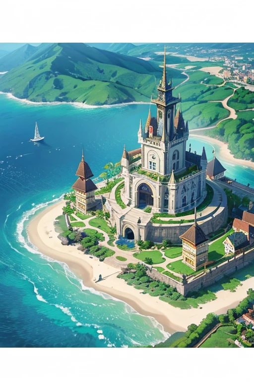 fantasy world, estilo isekai de anime, zona de comercio en la playa, estilo pixel art