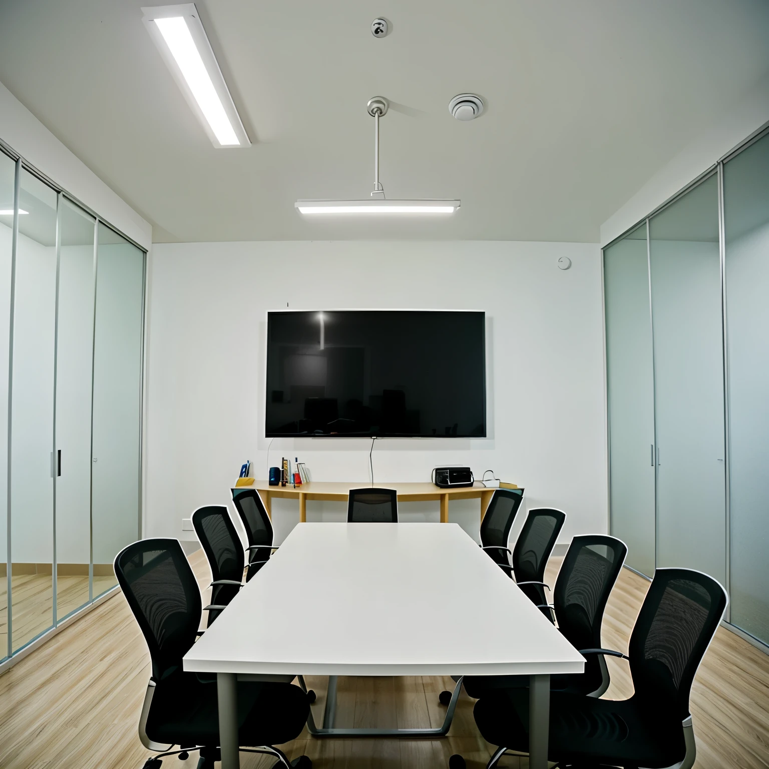 Create a room with a team meeting, tendo na parede da sala, a seguinte escrita: ErgoSST - Consultoria Corporativ