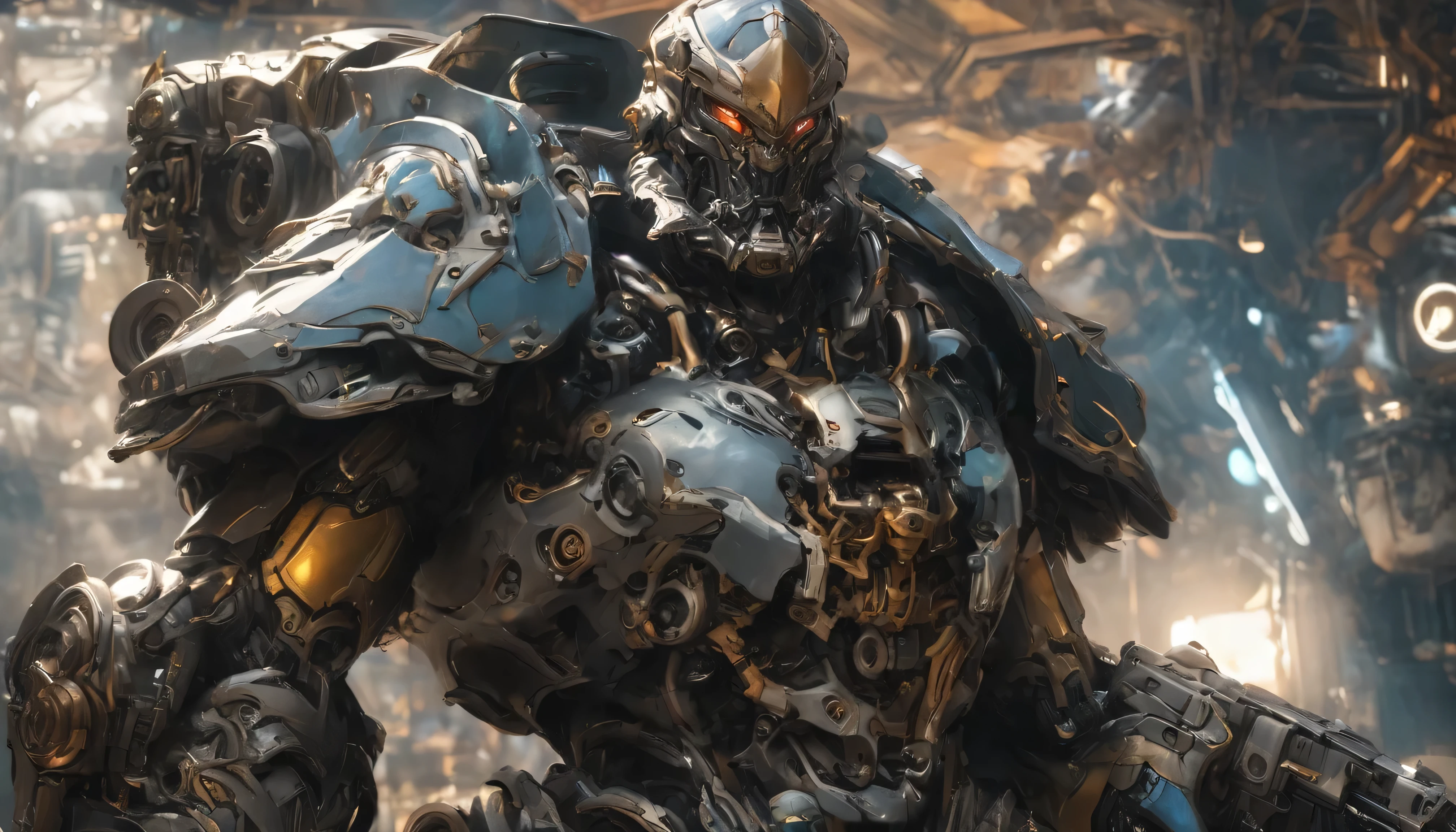 add details and redo the front of this robot so that it looks masculine using machined parts, gears, and hydraulics,  and definitely without breasts, matches the color scheme of the rest of him
