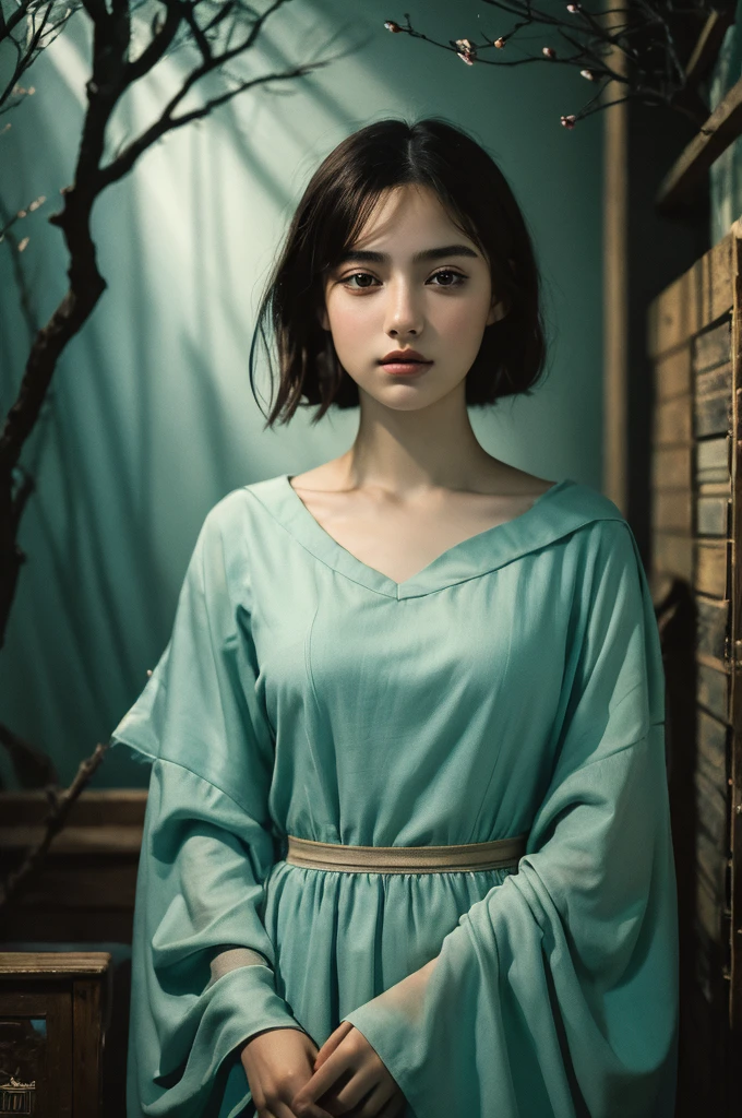 ( masterpiece, top quality, best quality,8k,17 years old girl,ultra detailed,raw photo:1.5),(photorealistic:1.4), (cinematic lighting), PerfectNwsjMajic, , Surrealism, UHD, ccurate, Super detail, textured skin, High detail, Best quality, dynamic angle, White skin,[Beautiful blue eyes], high nose,[flat chest:large breasts:0.5],(1girl),(good anatomy:0.5)), Dreamy atmosphere, Dark,expressive brush strokes, mystical ambiance, Artistic interpretation, Stunning Studio Ghibli style costumes, a whimsical illustration, Subtle colors and tones, mystical aura,straight face