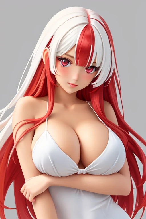 Female, tan skin, heterochromia red/white eyes, perfect split half red hair/half white hair down middle, perfect, full breast,