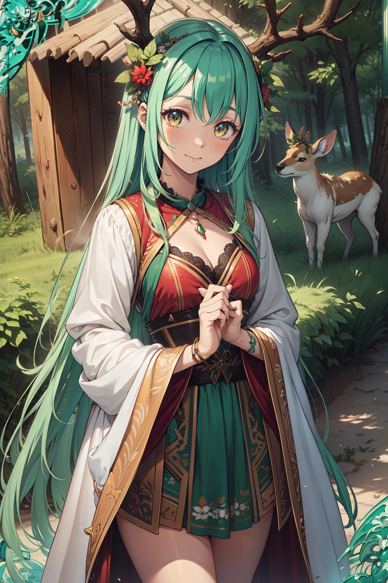 (Best quality, A high resolution, Textured skin, High quality, High details, High details,Extremely detailed CG unity), Enchanted,having fun,Being in love,hunter in fantasy world, light green hair, brown eyes, long hair, hair decoration, exquisite costumes,solo person, A small amount of lace,tactical clothing, Dazzle, woman, beautiful, (hunter), detailed outdoor forest scene, deer in background