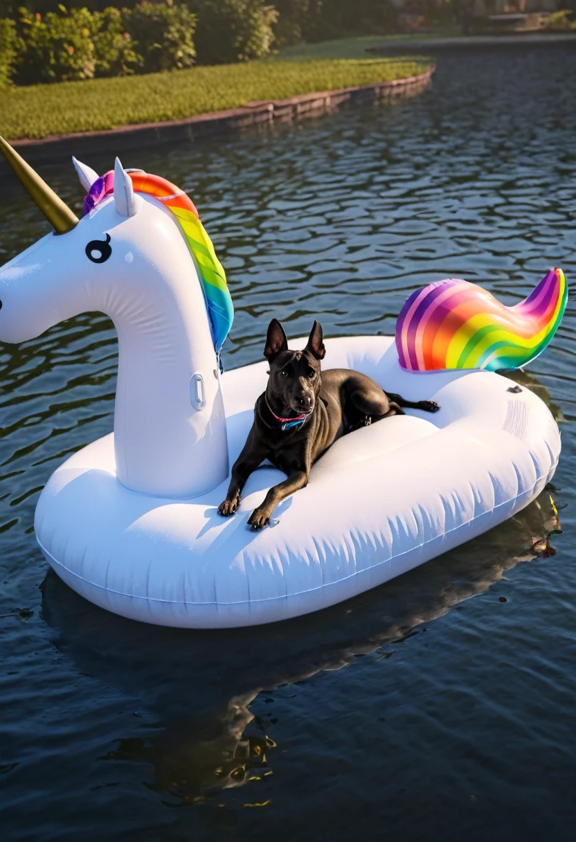 1dog, floating, unicorn, float, (best quality,4k,8k,highres,masterpiece:1.2),ultra-detailed,realistic, HDR,UHD,studio lighting,extremely detailed dog, floating unicorn on a float, unicorn air mattress, vivid colors, bokeh, dream-like, magical, ethereal lighting