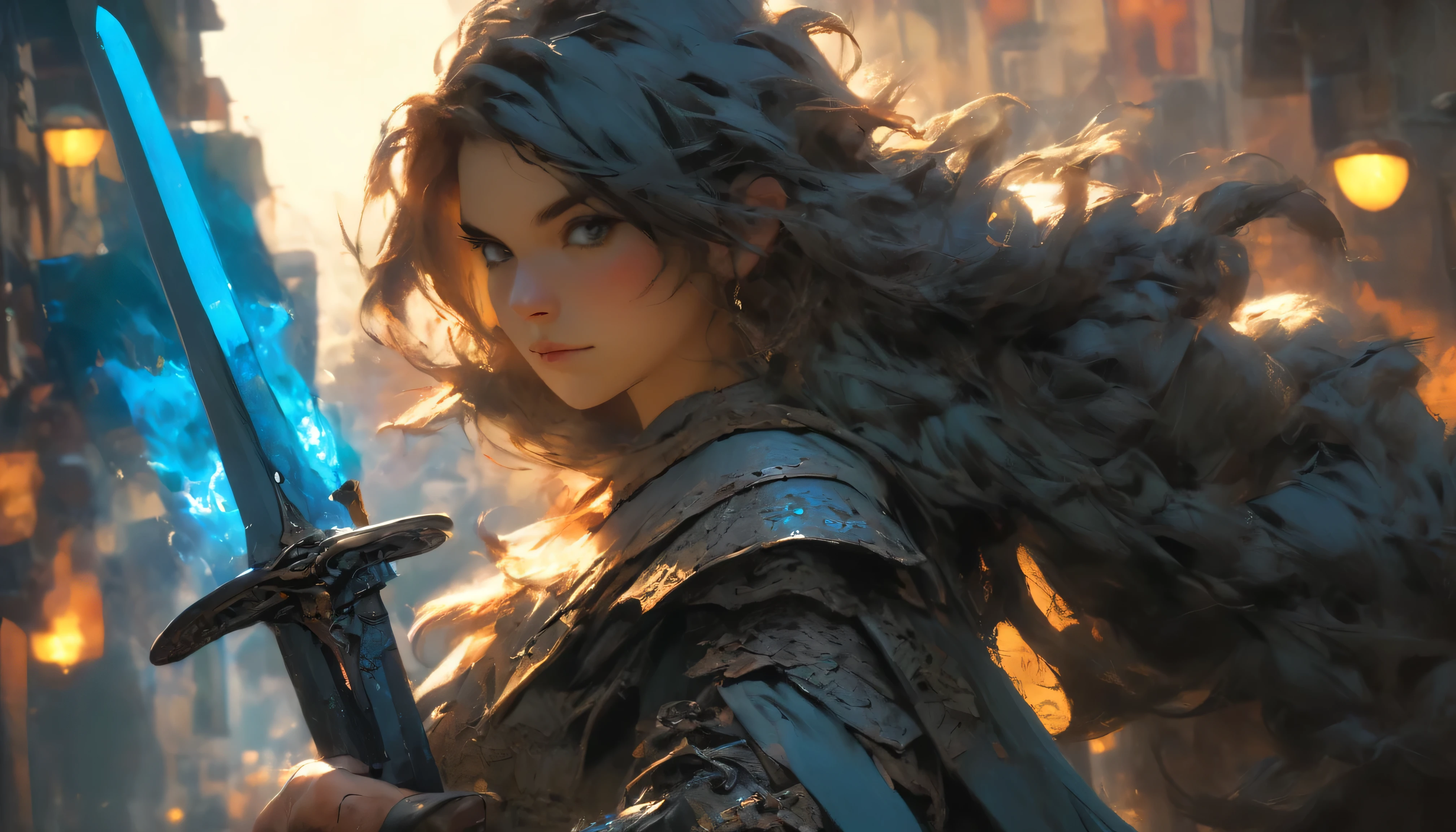 Masterpiece, best possible quality (UHD photographic low angle shot,) ((of a gorgeous stealthy and agile thief and adventurer in the middle of a street, in a dystopian city under attack, by what appear to be humans that have been infused with Viper DNA, The girl was no older than 19 years old, but could fight like she was born for it, natural beauty, stunningly beautiful, (((Ultra-fine-detailed fashion model looks and figure))), long, detailed, flowing ponytail)), ((holding a long dagger and a .50 desert eagle)), razor-sharp curved blades, in a fighting stance dressed in a leather, scrapped metal and fur lined garments that didn't leave too much to the imagination, consistent with the local tribes. (((It was her very fit body that was exuding a bright blue glowing aura, a luminescence that would light the street at night if it came to that, coming from her body in all directions))), wide-angle lens f/1.8, horrible battle imagery, magical bright blue rays of energy, explosions of earth, fire and smoke, swordplay, exciting action, fierce gaze, Ultra-high-quality, Ultra-fine-details, dystopian, post-apocalyptic setting, cinematic movie still, masterpiece, the best quality possible, highest possible resolution, 8k, ray tracing, HDR, UHD, volumetric lighting, Absurd resolution, textured details, excellent composition and lighting, golden hour, rule of thirds, over the shoulder, back view, God rays, God particles, Unreal Engine 5, Unity Engine, Blender, corona render, octane render, masterpiece,