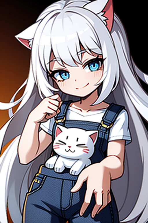 1girl, cat ears, long white hair, white cat ears, black eyes, whiskers, white tail, blue overalls, white shirt, smiling, yellow nose