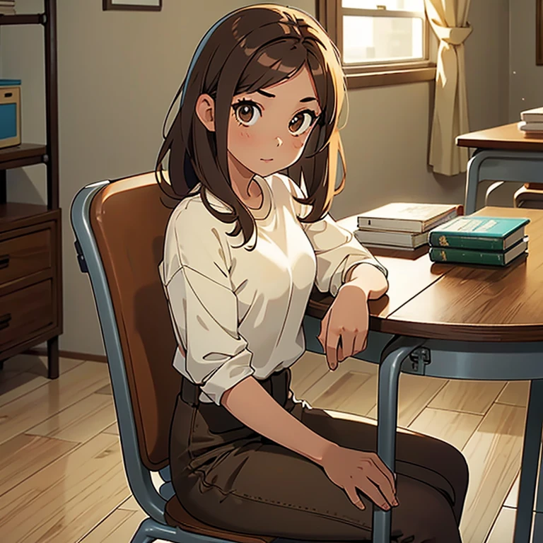 1 girl, medium hair, brown, light brown eyes, thin, wearing a , sitting in her chair, in a classroom decorating her table