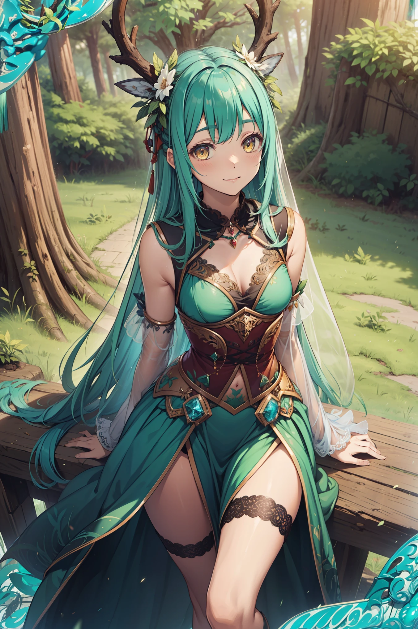 (Best quality, A high resolution, Textured skin, High quality, High details, High details,Extremely detailed CG unity), Enchanted,having fun,Being in love,hunter in fantasy world, light green hair, brown eyes, long hair, hair decoration, exquisite costumes,solo person, A small amount of lace,tactical clothing, Dazzle, woman, beautiful, (hunter), detailed outdoor forest scene, deer in background