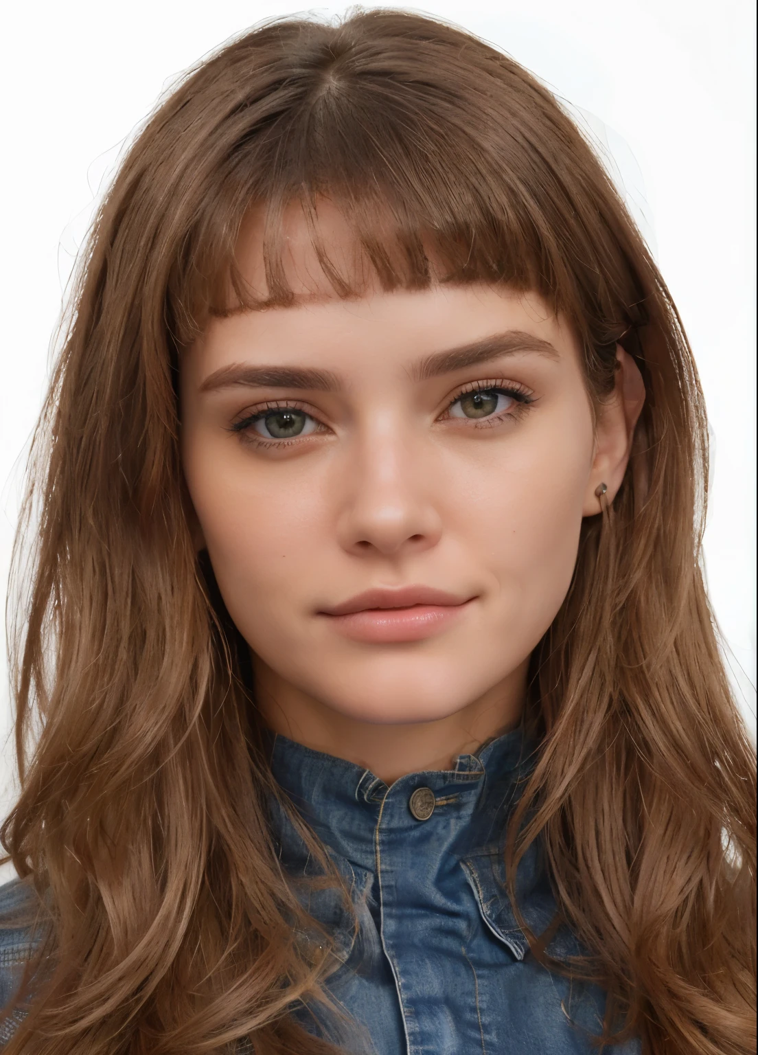um close up de uma mulher com cabelos longos vestindo uma camisa jeans, hyperrealista , detailed realista face, realista rosto detalhado, highly detailed realista face, real rosto detalhado, detailed and realista face, realista and rosto detalhado, ultra realista face, extremely realista face, realista | rosto detalhado, very realista face, with very highly rosto detalhado, face very realista