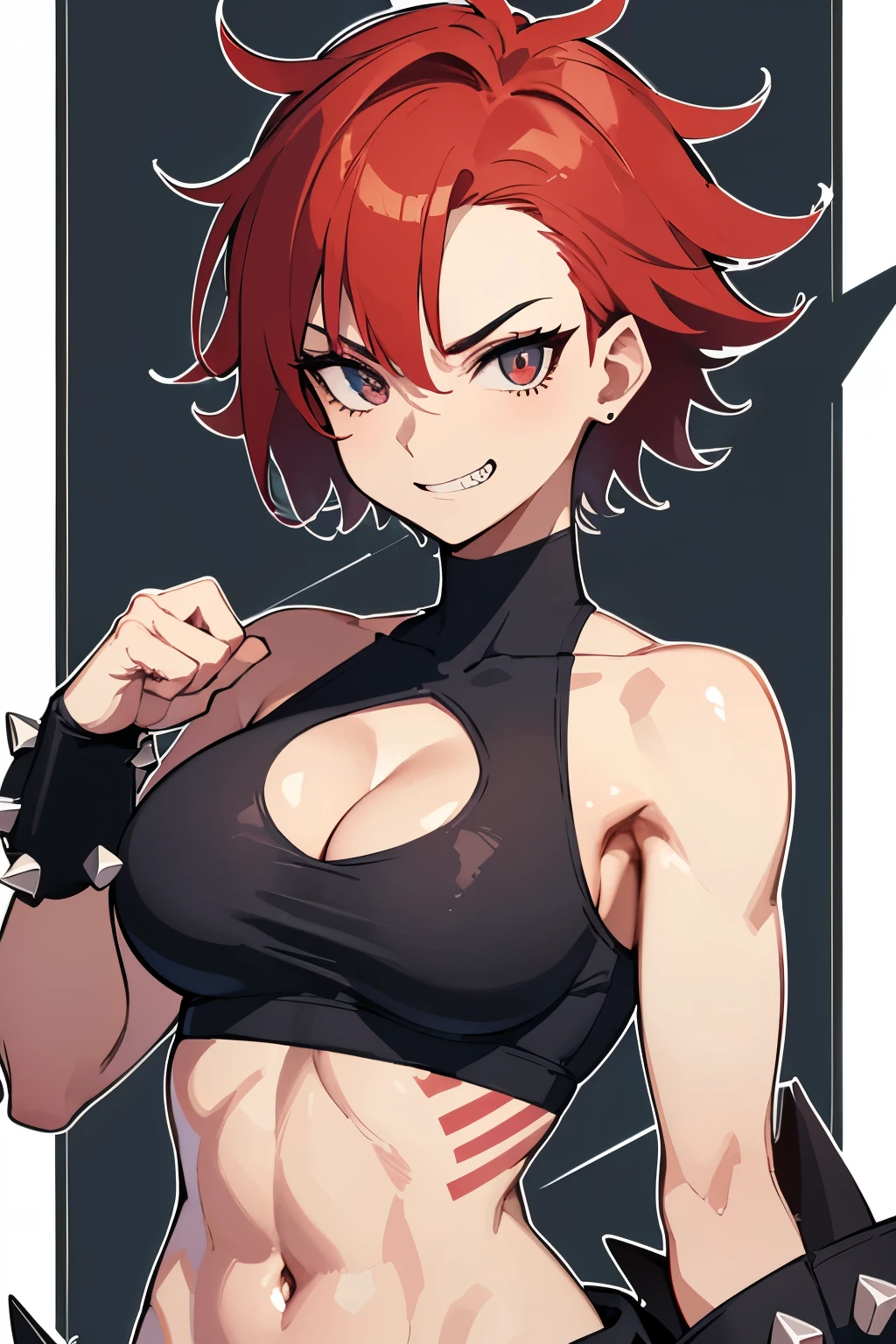 (Very high quality), (very high resolution), woman with (spiky hair), (fit athletic body:1.2), (thin sport bra:1.2), mischievous grin, (detailed face and eyes:1.2), (visible stomach), short spiky hair, looking at camera, sharp teeth, (spiked clothes), (red hair), (making fists), (confident pose), (whole torso picture), (heavy boobs), (detailed hand and finger:1.2), (medium breasts:1.2), (busty), (deep cleavage:1.2), (labia outline:1.3), (hard teat:1.3).