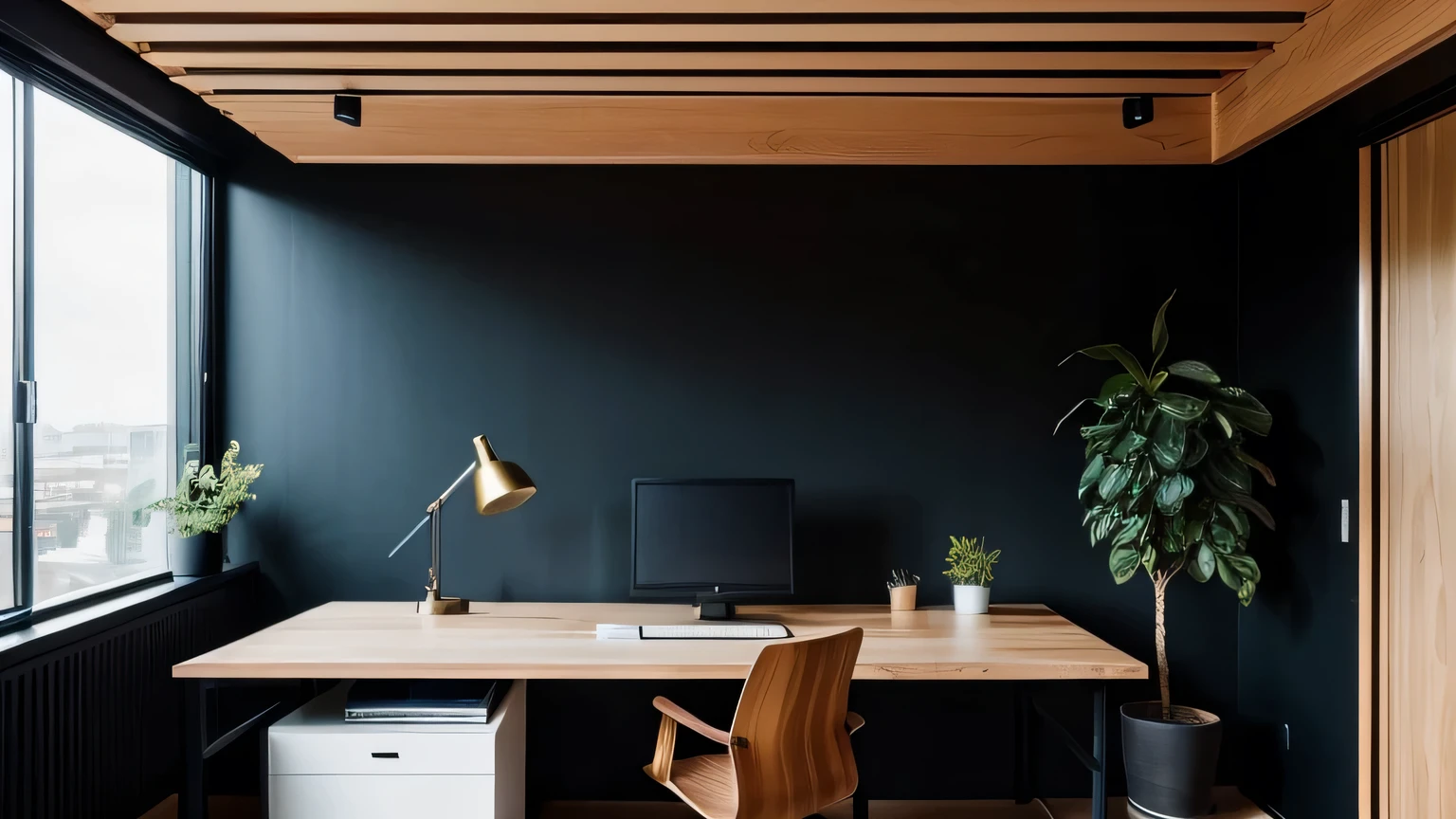 first person view of a large desk with a computer on top of it in a room, modern office, wood accents, black vertical slatted timber, home office interior, wooden walls brass panels, black walls, offices, wood and gold details, small pots with decorative green plants, simple clean lines, modern and minimalist, minimalist home office, modern minimal design, functional and elegant look, modern style, dark and modern, neotraditional modern minimalist