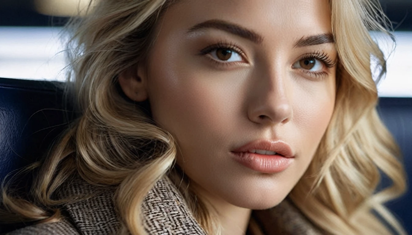 ((half body )) portrait photo of a beautiful 35 years old european woman sitting on a train which is travelling through in a megacity at night, (long wavy blonde hair blown in the wind), wearing beige colored coat with white blouse, Award - winning photograph, Masterpiece, 8k, ultra high res, hyper detailed, beautiful woman, perfect face, rule of thirds, Perfect eyes, Perfect iris, perfect pupils, (perfectly round iris:1.3), Perfect lips, Perfect teeth, dimples, perfect nose, highly detailed hair, ((detailed face)), ((detailed facial features)), (finely detailed skin), pale skin, realistic skin texture, extreme skin details, (pores:0.1),(sweaty:0.8), insane details, intricate details, amazing fine detail, photorealistic, photograph, photorealism, rich colors, lifelike texture, neutral colors, Soft front light,cinematic lighting, dramatic lighting,dappled light on face, backlight on hair, sharp focus, wide angle, film grain, dslr, raw photo, photographed on Nikon