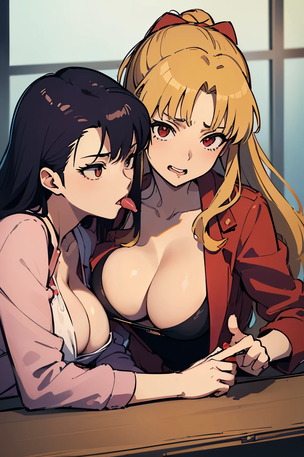 (Two women:1.3), (dark hair) (Misato Katsuragi:1.2) in (red open jacket:1.2) and (blonde hair) (Ritsuko Akagi:1.2) in (slutty laboratory coat:1.1) (from Evangelion), (datailed face and eyes:1.2), (micro bra:1.1), (Evangelion style:1.2), (Misato licking Ritsuko mouth:1.1), (grabbing breasts:1.2), (pleasure expression), (kiss in laboratory), manga, anime, hentai, (lesbians), (dripping saliva:1.1), (detailed hand and finger:1.2), (medium breasts:1.2), (busty), (deep cleavage:1.2), (labia outline:1.3), (hard teat:1.3).