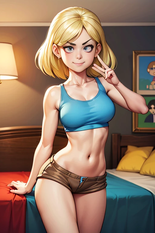 ""loriloud - blue tank top, brown shorts, posing for playboy magazine" Masterpiece, sexy cartonn, beautiful cartoon, insanely detailed and intricate, High quality, ray tracing, high coherence, deep focused image, realistic full-length photo, anatomically correct, short blond hair, sensual smile, perfect eyebrows, perfect fingers, action pose, looking at viewer, in the loud house, hypermaximalist, sensual, provocative, beautiful, exotic, revealing, appealing, attractive, erotic, hyper-realistic, super detailed, perfect, masterpiece, popular on Flickr, published on March 19, 2018” FANTASY,VAMPIRO,ELFO,TERROR,COMICS,MANHUA,MANWHA,Mango,SCIENCE FICTION,NOVEL, 