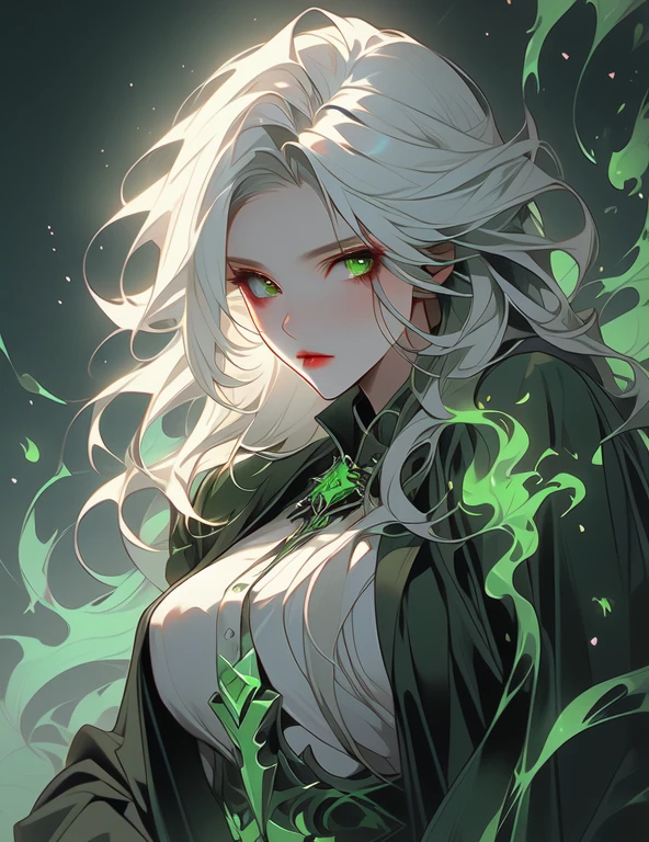 lich, undead, beautiful, seductive, suggestive, alluring, green flames, white hair, sunken eyes, tired
