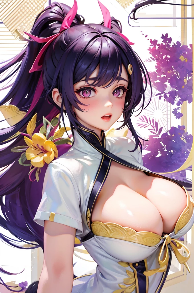 masterpiece, best quality, Ultra-high resolution, Beautiful and delicate hair，Meticulous face, Perfect female face, Double ponytail hairstyle, Black Hair, (:1.4), Breast sagging, Huge cleavage，Mai Shiranui&#39;Costumes in the King of Fighters game, Hair accessories,(:1.8), Breast sagging, Huge cleavage, Squeeze the accessory breast outwards，Chest compression，Face flushed with shame，Large pink nipples，transparent，