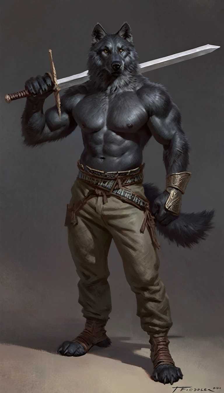 Anthro male black wolf resting large two handed sword over his shoulder, posing, solo, cocky expression, masterpiece, best art, full body, by taran fiddler, detailed eyes, detailed body, claws, tall, topless, pecs, abs, nipples, pauldrons, armored pants, bandolier,